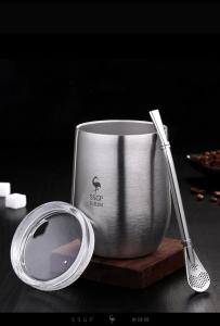 Famulei Christmas Gift SSGP 304 Stainless Steel Coffee Tea Cup with Cover and Spoon type Straw 400ml
