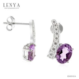 LENYA ต่างหูพลอยอเมทิสต์ เสริมความสงบใจ มีสติ มั่งคั่ง ขนาด 7x5 มิล ตัวเรือนเงินแท้925 ชุบทองคำขาว
