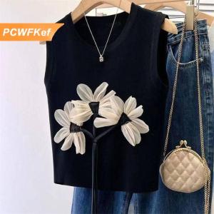 【PCWFKef】 Mùa hè thời trang Chic hoa dệt kim vest Phụ Nữ Vòng cổ không tay sọc Tank Top