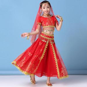 LOlanta 8PCs Kids Girls Belly Dance Costumes School Party Cosplay Aladdin Princess Suit Costume India Team Dancing Performance Dress up Skirts with Head veil Headpiece Belt Necklace Earring Bracelet