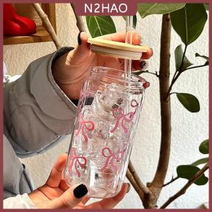 N2HAO 500Ml Bow Nhựa Cốc Nước Mason Jar Hình Chai Nước Với Nắp Và Rơm Cho Cà Phê Đá Nước Trái Cây Uống Cup Quà Tặng