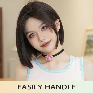 Black Tea-Colored Wig With Medium-Length Long Hair 35 Centimeters Long Featuring A Popular Hairstyle With Braided Short Hair At The Neck