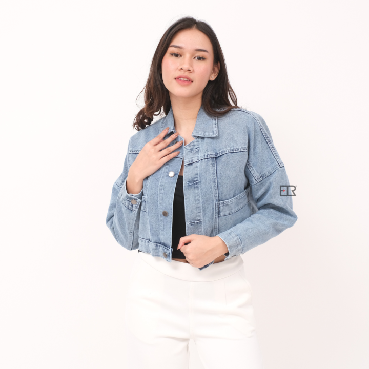Jaket Crop Jeans Oversize Wanita Premium Model Saku Terbaru Crop