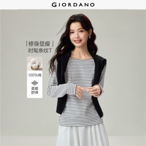 Giordano Beau Monde Women 100% cotton striped square neck long sleeve tee Free Shipping 13326620