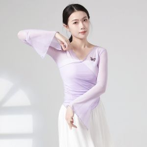 Áo múa cổ trang Trung Hoa áo thun lưới tay loe đính bươm bướm MA04