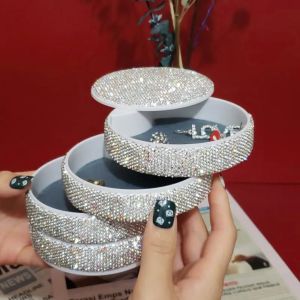 LIHUA 4 Layers Rotating Jewelry Storage Box Earring Holder Rhinestone Necklace Desk Organizer Protection with Lid Ring Bracelet Storage Women