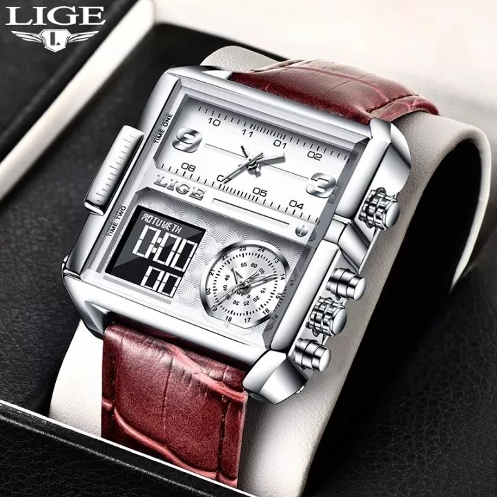 LIGE New Casual Watch For Man Week Date Electronic Digital Clock Waterproof Leather Quartz Clock Men Watch Jam Tangan Lelaki Box Lazada