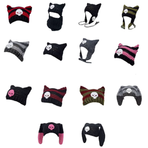 Fashion Beanie Hat for Women Girls Cat Ear Knit Hat Lovely Anime Skull Hat Y2K Crochet Bonnet Hat Punk Skull Headdress