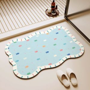 LEBI Summer Holiday Themed Oval Bath Mat with Colorful Fish Design Quick-Drying & Anti-Slip for Bathroom Kitchen and Entryway