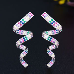 SEQUITO Hot Selling Gold Plated Full Inlaid Colorful Cubic Zircon Long Spiral Stud Earring Women Trendy Rainbow Party Jewelry for Nightclub SE632