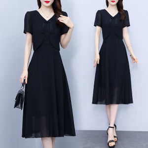 Impression Fashion Elegant Women Chiffon V-neck Short Sleeve Plain High Waist A-line Plus Size Long Dress