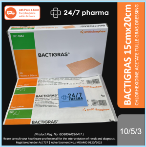 Bactigras 15x20cm Smith & Nephew Acetate Tulle Gras Dressing SN S&N bactigrass Chlorhexidine Paraffin 樂輝殺菌油性紗布 7461