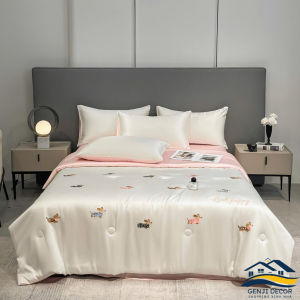 Bộ chăn ga gối phi lụa cao cấp thêu họa tiết Genji Decor
