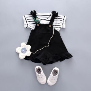 Setelan Anak Perempuan Dua Potong Atasan Bergaris Celana Jumpsuit Overall Pendek Motif Mahkota Outfit Cantik Anak Balita Cewek Usia 6 Bulan - 5 Tahun