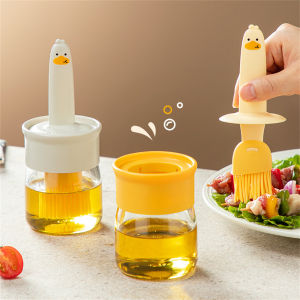 Homen Oil Brush Home Cartoon Shaped High Temperature Resistant Oil Bottle Integrated Transparent Visible Glass Kitchen Pancake Baking Silicone Brush Oil Brush Food grade Kitchen Pancake BBQ Special Silicone Brush