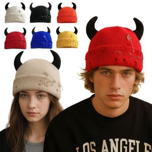 DOOUR With Devil Horns Winter Knitted Beanie Warm Pin Decoration Hip Hop Cap Personality Funny Dome Hat Men Women