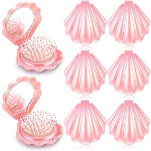 AceOrbit 6 Pcs Mermaid Party Favors Foldable Shell Hair Brush with MirrorTravel Pocket Compact Hair Brush Makeup Comb for Women Girls Birthday Party Gifts(Gold)
