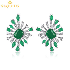 SEQUITO Korean Fashion Firework Stud Earrings Inlay Emerald Green CZ Stone Women Elegant Jewelry SE246