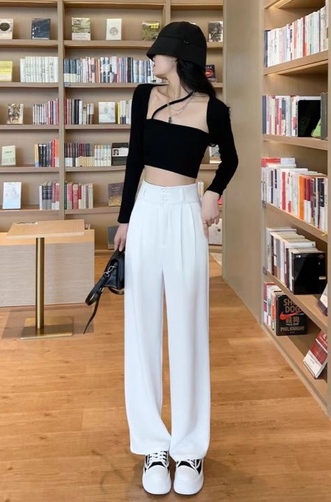 White trousers high waist for women comfortable and loose chiffon fitting  pants wide leg suit pants straight leg pants lightweight breathable pants  multiple sizes available
