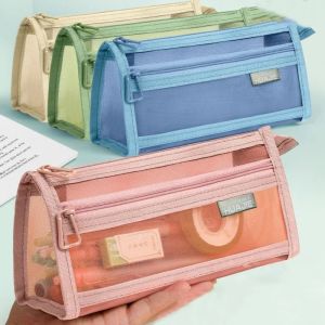 THREADJOY Double Layer Mesh Pen Bag Large Capacity Transparent Transparent Pencil Case Easy-to-Clean Portable Stationery Storage Bag Students