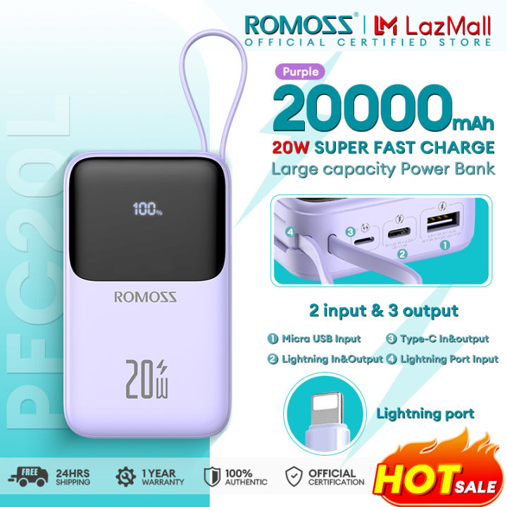 Romoss PFC20 20000mAh Powerbank 20W/22.5W QC3.0 Fast Charging with Built-in Cable 3 Output 2 Input LED Display Portable Power bank