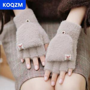 [COD] KOQZM Mùa đông phụ nữ nửa ngón tay Flip-Top Găng Tay sinh viên dễ thương Cô gái phim hoạt hình ấm áp thoải mái mềm mại phong cách dày đan găng tay