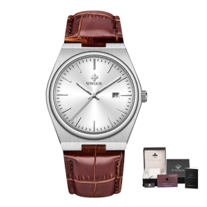 WWOOR Calfskin Leather Strap Mens Business Quartz Watches Stainless Steel Watch 100M Waterproof Luxury Mens Watch