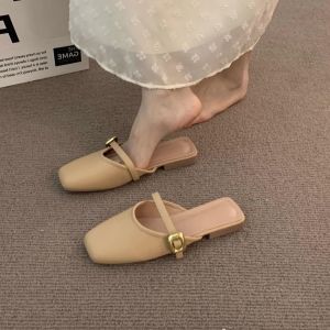 [Free Shipping] Small-sized square-toed slippers for women suitable for wearing outside paired with skirts new spring-summer style semi-covered shallow mouth soft sole