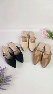 ROSSE sepatu payet permata slip on / sendal hak 2 cm SR12 Line Mutiara sendal kokop tapak karet