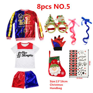 Women Harley Quinn Cosplay Costumes Suicide Squad Bar Party Jocker Jacket T-shirt Glove Pants Wig Bracers Belt