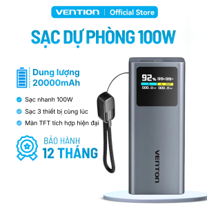 Sạc Dự Phòng 20000mAh 100W Vention PD3.0 2 Cổng (1C1A) Màn Hình TFT Hiển Thị Thông Số Thông Minh Có Sẵn Cáp USB-C - Sạc Laptop Gaming/Creator - Hàng Chính Hãng