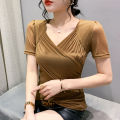 YIMEI Fashion short-sleeved mesh top Women's 2023 summer new design sense Slim fit sexy V-neck top Khaki T-shirt. 