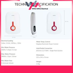 Joven Water Heater Instant Hot Shower with Pump SC33iP / NO Pump SA8E Elba Instant Water Heater ACQUA Series EWH-K3420(GB) / EWH-K3420(SW)