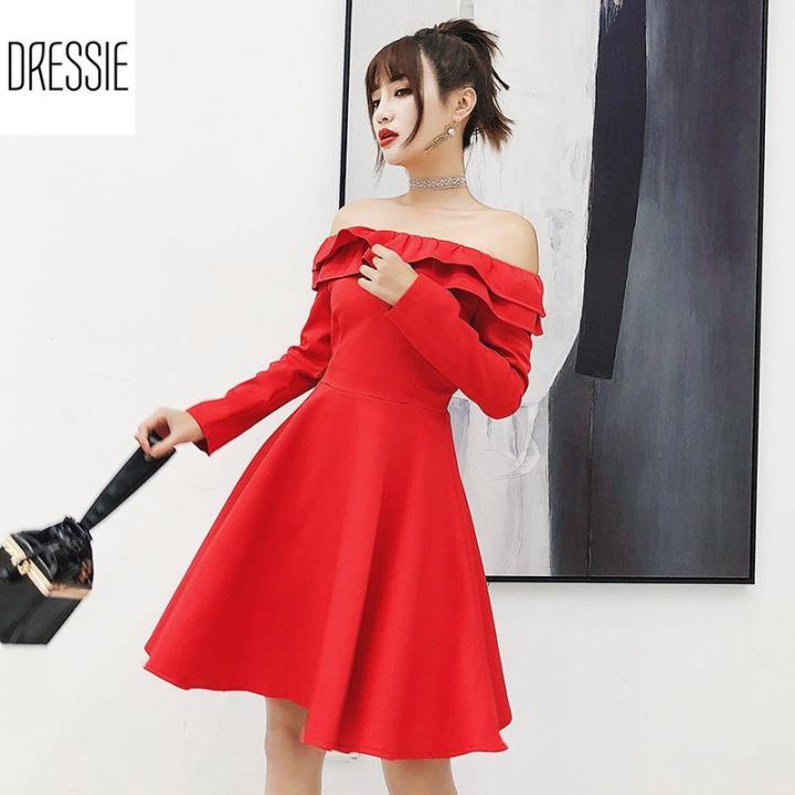 Đầm dự tiệc đầm xòe đầm đẹp váy nữ áo đầm đẹp cao cấp DRESSIE đầm trễ vai hở vai bẹt vai tay dài thời trang nữ sexy đẹp dạo phố dự tiệc quần áo nữ xinh xắn váy đầm dự tiệc sang trọng trẻ trung - DX144 (Đen - Đỏ) - Kèm hình ảnh thật