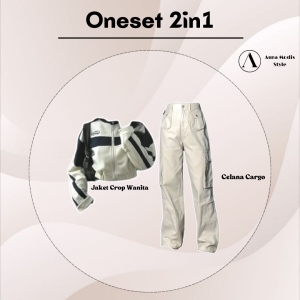 Setelan One set Skena Wanita Kekinian ( Cardigan Crop Motif + Celana Cargo + Kacamata ) AM141N