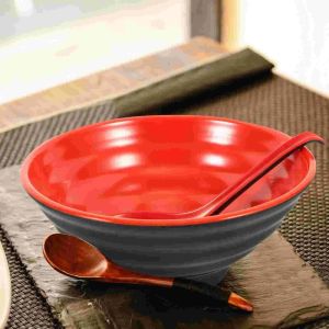 GUHEHARD Red and Black Ramen Bowl Ring Striped Pattern Melamine Soup Bowl Tableware Heat Safe Fruit Salad Bowl Restaurant