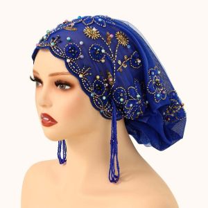 HULEQQI Hạt cườm lấp lánh Mũ turban Thêu hoa Tua rua dài Mũ trang trí hạt cườm Đồ đội đầu dân tộc Đã thắt sẵn Khăn trùm đầu của người Ấn Độ Trang phục hàng ngày
