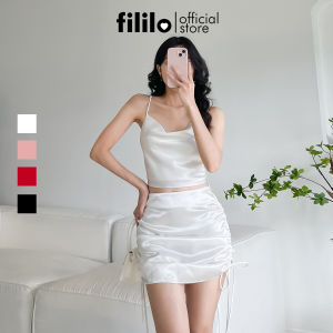 Set Chân Váy Ngắn Rút Dây và Áo 2 Dây Cổ Đổ Croptop FILILO Vải Lụa Form chuẩn Thiết kế Cao cấp