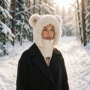 EO4MD Thick Bear Ear Balaclava Hat Soft Polyester Full Face Neck Warmer Fashion Ear Protection Cycling Hooded Cap Winter