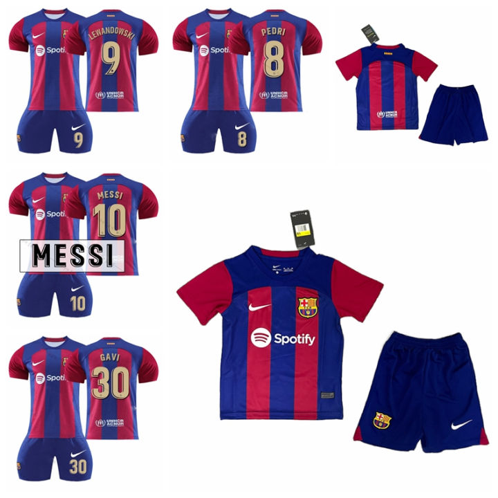 2023-24 FC Barcelona Home Football Kids Jersey Set Lewandowski Messi