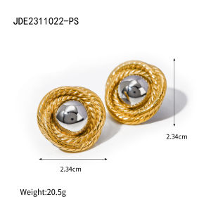 hot 18k Gold stainless steel threaded texture round earrings gold and silver two-tone titanium steel woven studs