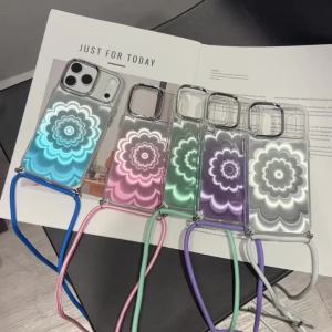 Gradient Blooming Flower Crossbody Lanyard Case for iPhone 17 Pro Max 11 12 13 14 15 16 Plus Shockproof Strap Hard Cover