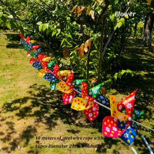GORGE 10pcs/set with Steel Wire Rope Arch Corridor Windmill with Rope Strings Colorful Colorful 5 Leaves Pinwheels High Quality Plastic Outdoor DIY Decorational Pinwheel Yard and Garden