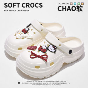[Free Shipping] Arch-Support EVA Clogs For Women With Cartoon Red Bow Cat Design Versatile Fashionable Non-Slip Wear-Resistant Thick-Soled Closed-Toe Slippers
