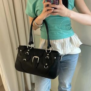 Women Vintage Y2K Punk Tote Bag PU Korean Street Style Zip Closure Motorcycle Shoulder Bag Large Capacity Daily Square Handbag2026