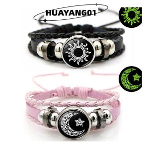 HUAYANG01 [HOT FASHION] 2Pcs Luminous Couple Bracelets Sun Moon Adjustable Black Braided Bracelet Friendship Fashion Romantic Jewelry Birthday Gifts