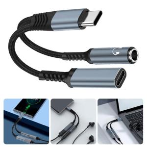 Two Port Type C To 3.5mm Sound Splitter And PD60W Charging Cable With Builts In DACs Chip For HIFIs Sound
