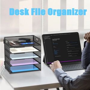 538TD Metal Mesh Desk Organiser Tray 5 Tray Foldable Paper Sorter Rack Easy To Install with Handle Document Letter Storage Organizer Office Supplies