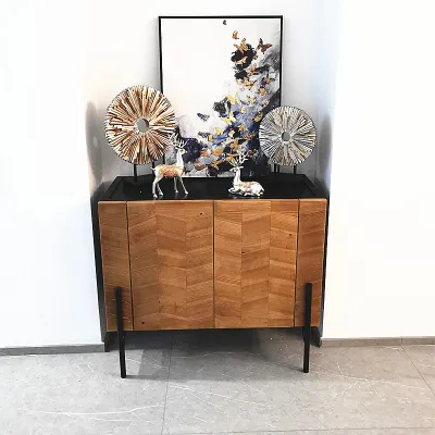 Nordic solid wood fishbone porch cabinet simple modern wrought iron sideboard retro storage tea cabinet combination sideboard