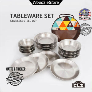 CLS Woodz][4pax Camping Mess Kit Outdoor Stainless Steel Tableware Set Plate Bowl With Storage Bag For Outdoor Camping